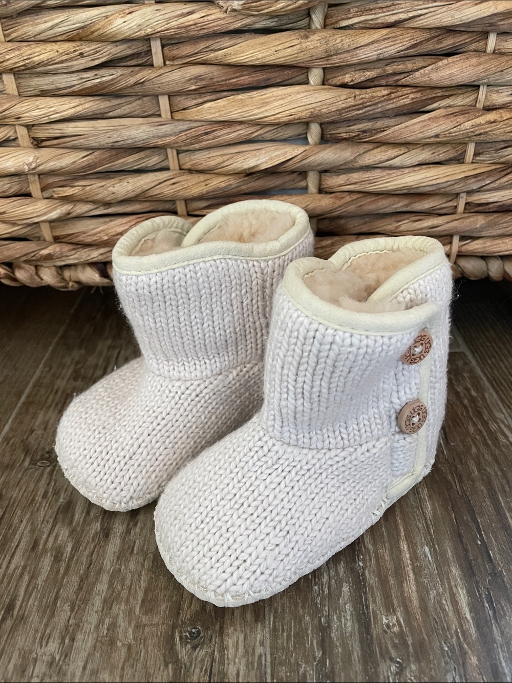 UGG Cream Knit Baby Booties with Button Accents